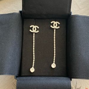 CHANEL CC SILVER CRYSTAL DANGLE EARRINGS
